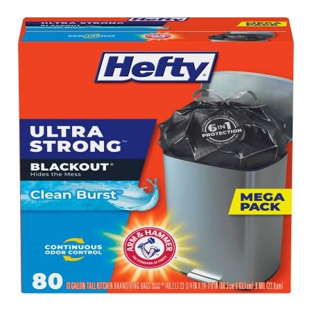United Stationers Supply Hefty, Ultra Strong BlackOut Tall-Kitchen Drawstring Bags, 13 gal, 0.9 mil, Black, 80/Box PCTE88352